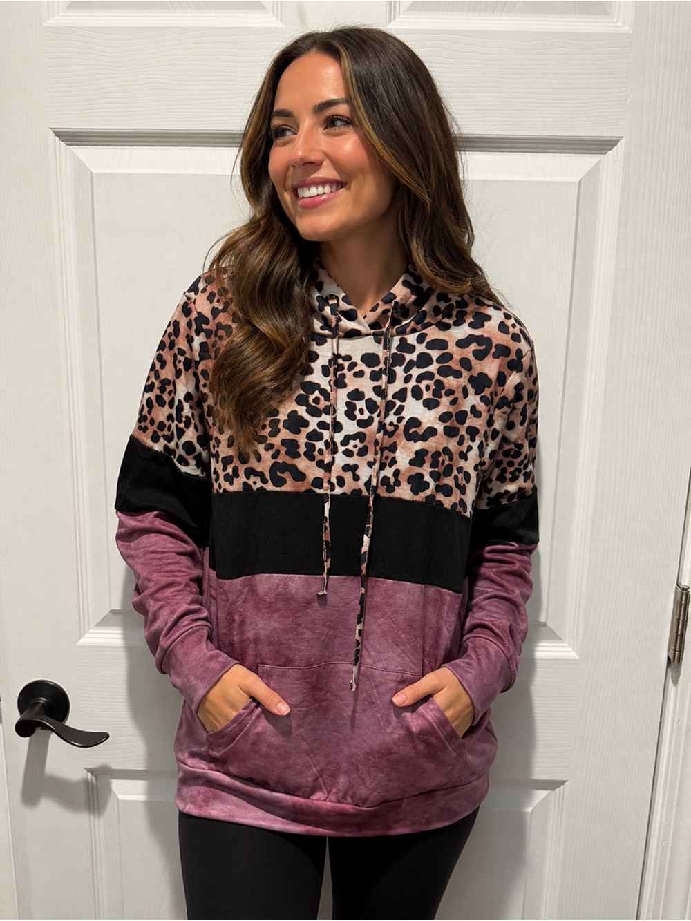 Leopard Colorblock Hoodie - Mauve Pink